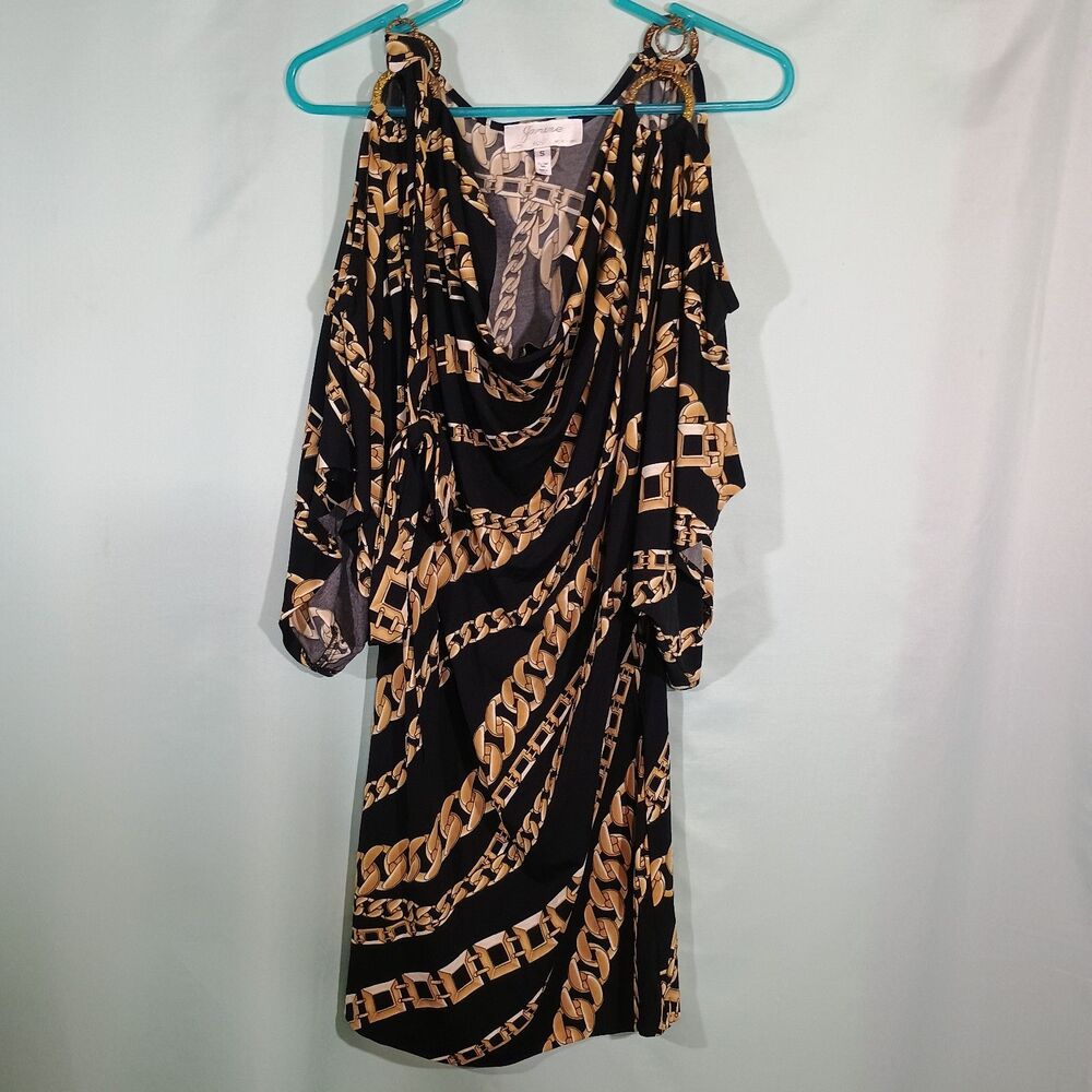 Chain Print Halter Dress Black Gold Draped Neck Cold Shoulder Statement Dress